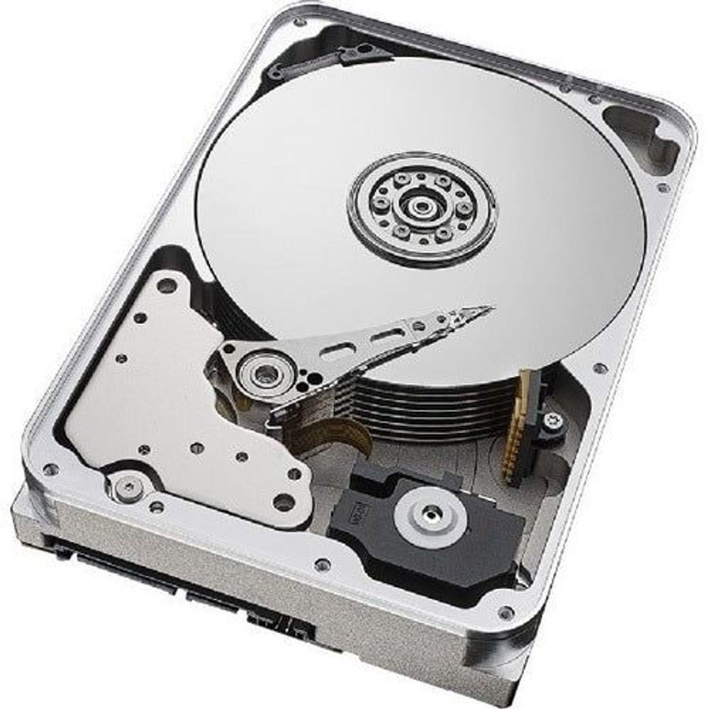 Internal view of Seagate IronWolf Pro 3.5-inch SATA hard drive with disk and head