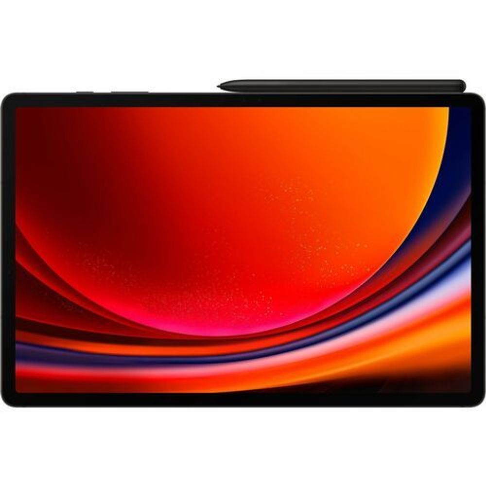 Samsung rugged tablet front display with red-orange wallpaper on black bezel