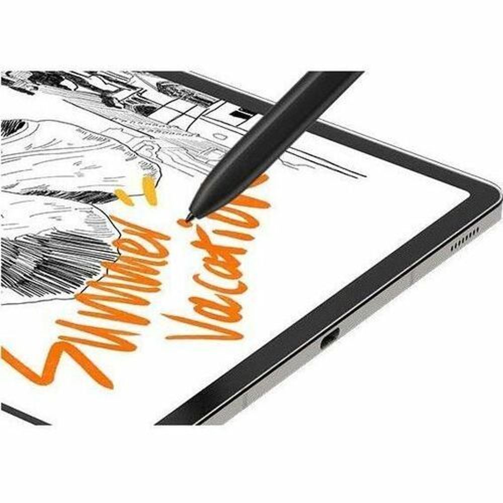 Samsung tablet with black stylus over sketchbook-style graphics on screen