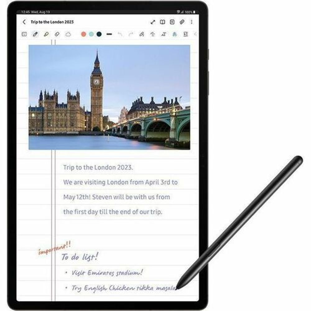Rugged tablet showing notes on screen with a black stylus next to it