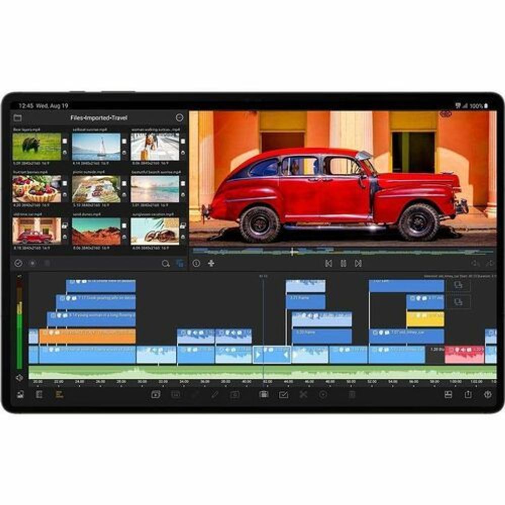 Rugged tablet screen showing video editing timeline with a red car photo