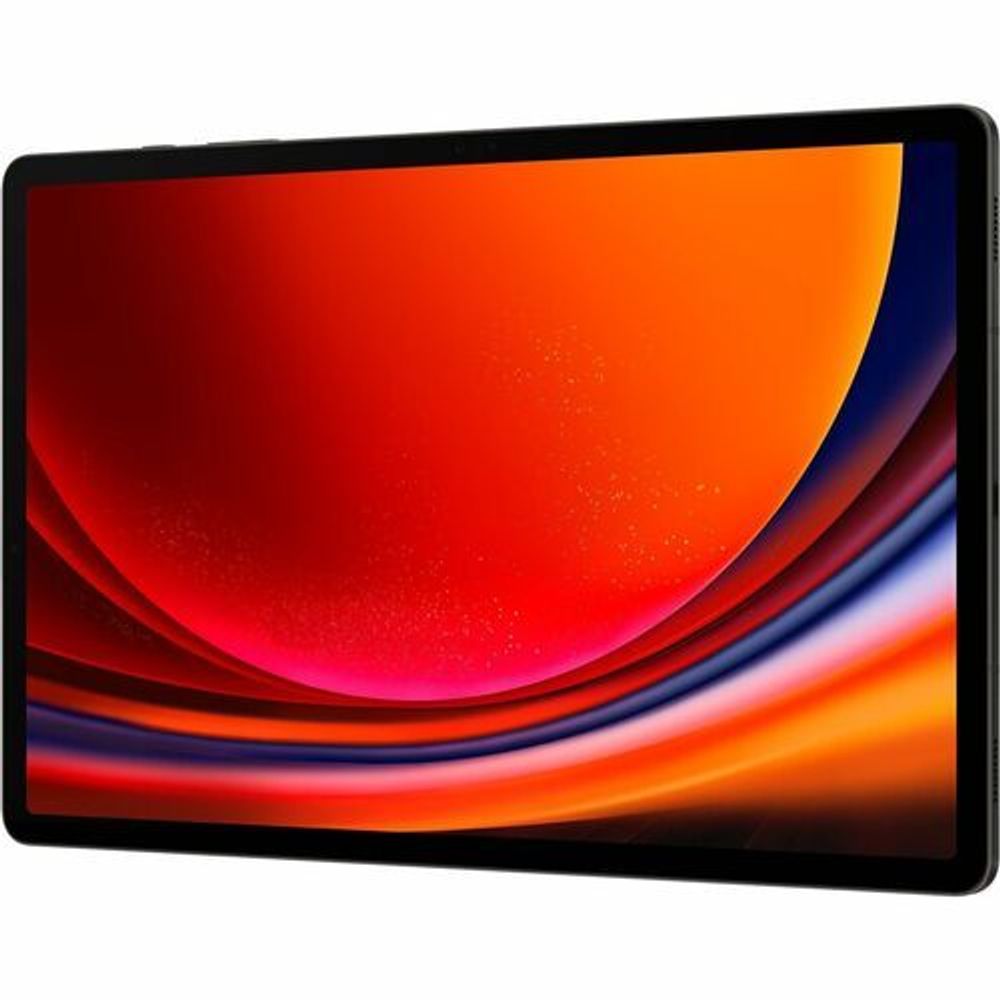 Rugged tablet front display with vivid red, orange, and blue curved pattern