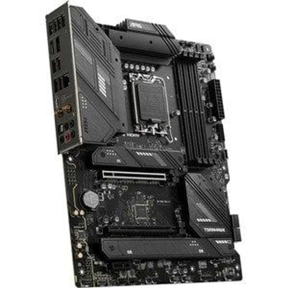 MSI MAG Tomahawk WiFi motherboard side view with black heatsinks and ports