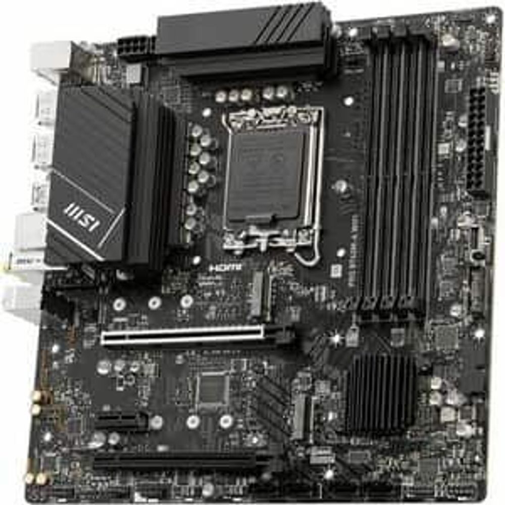 MSI PRO B760M-A WiFi motherboard top view with heatsinks and PCIe slots