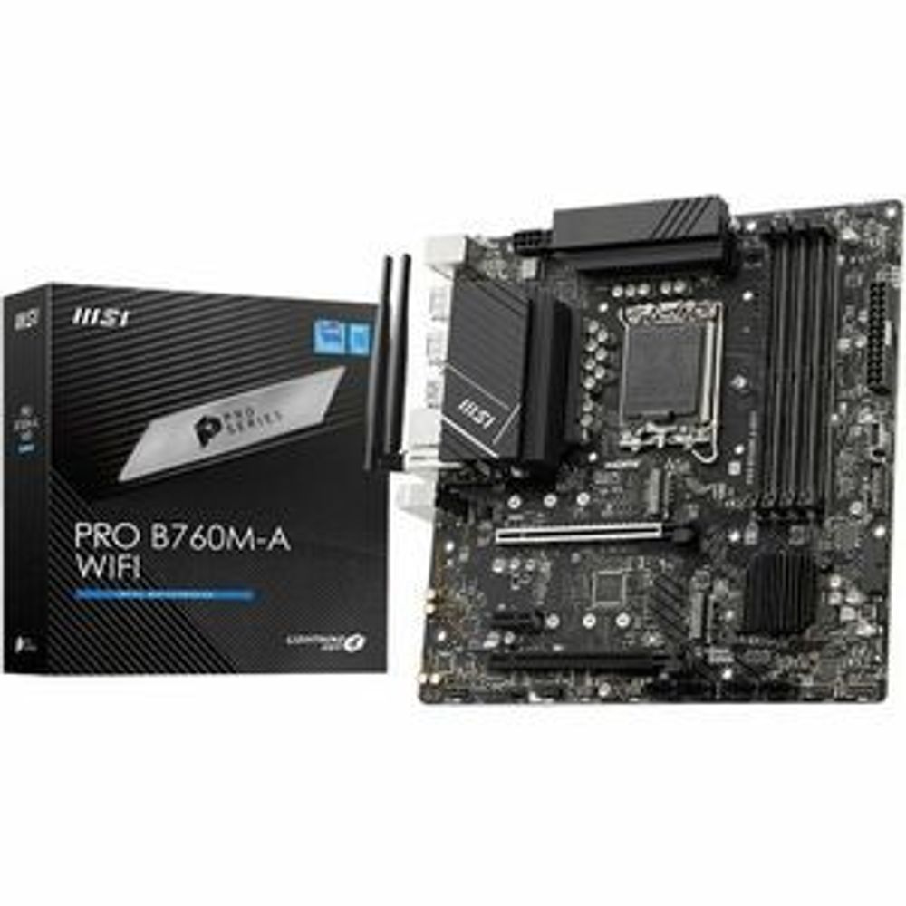 MSI PRO B760M-A WiFi motherboard front view with chipset heatsinks