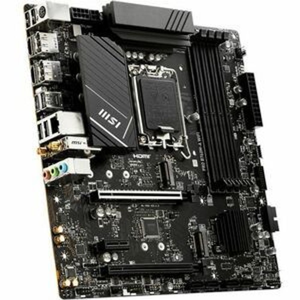 MSI PRO B760M-A WiFi motherboard angled view showing VRM heatsink and expansion slots
