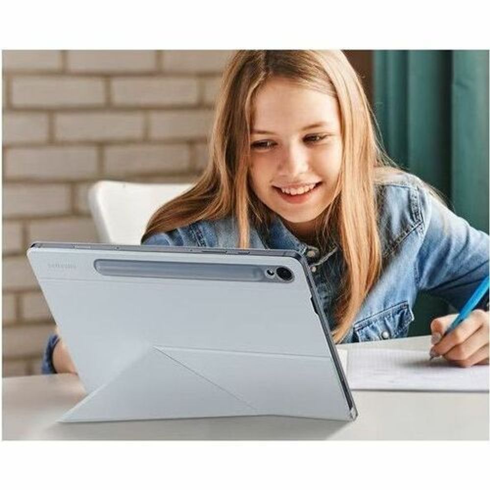 White book-fold tablet case in use, propped on a desk