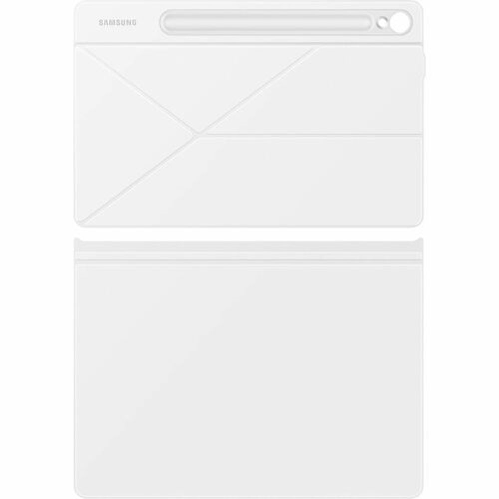 White book-fold tablet case with cross-stitched design and side handle cutout