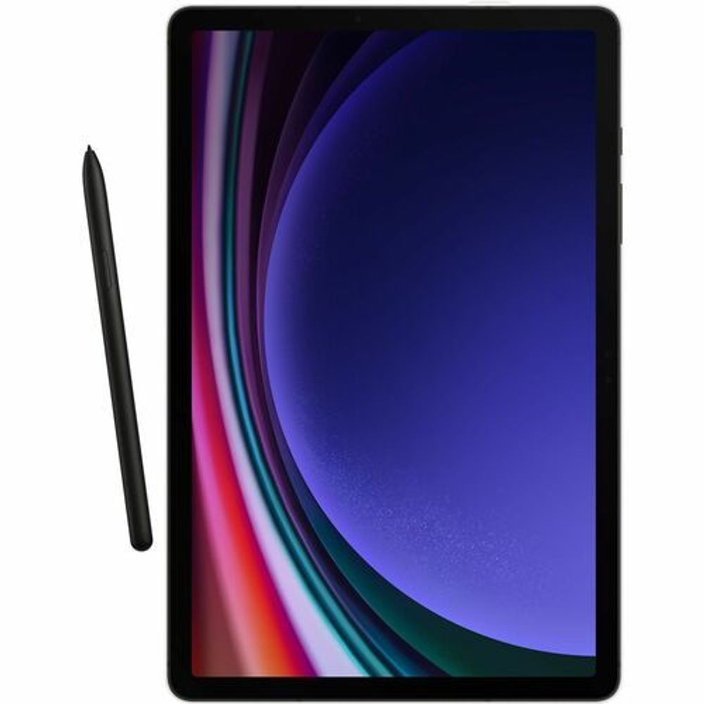 Tablet in white folio case with black stylus and blue gradient display