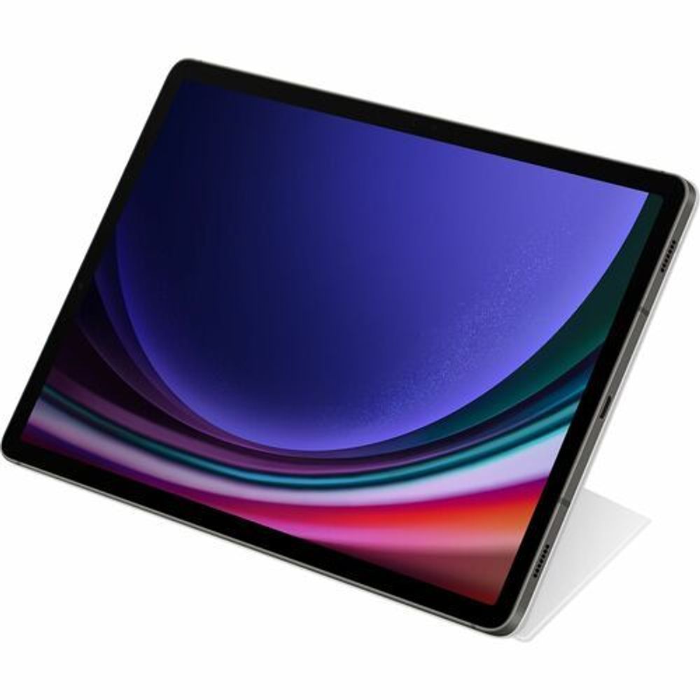 White Samsung book-fold cover propped upright for tablet viewing