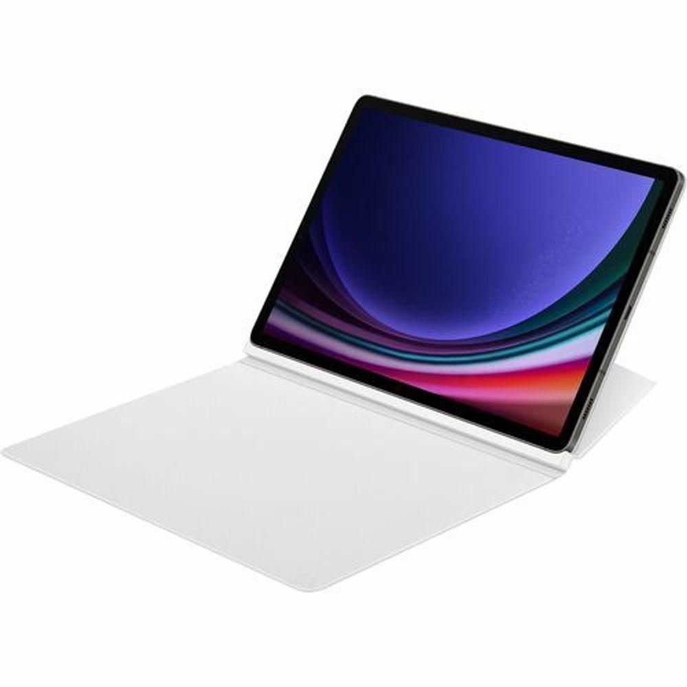 White Samsung book-fold case opened as a stand for tablet viewing