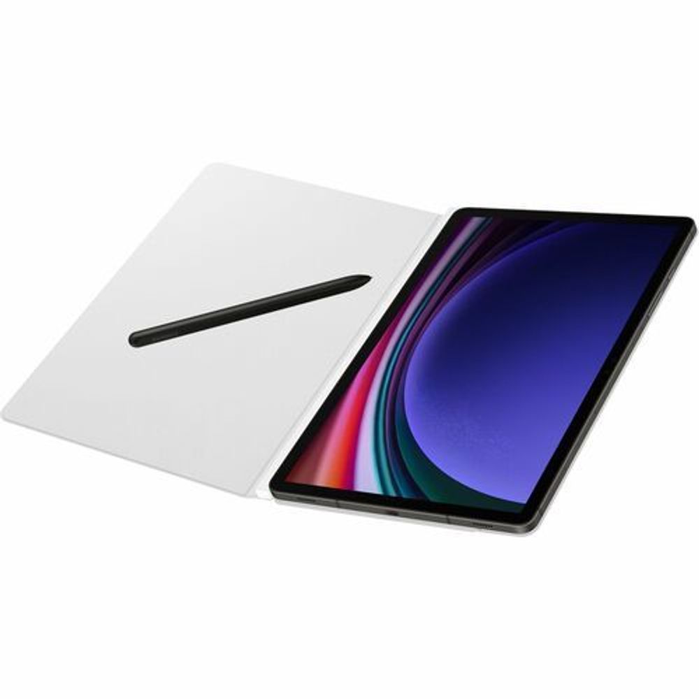 White folio tablet case open with stylus slot and tablet showing blue screen