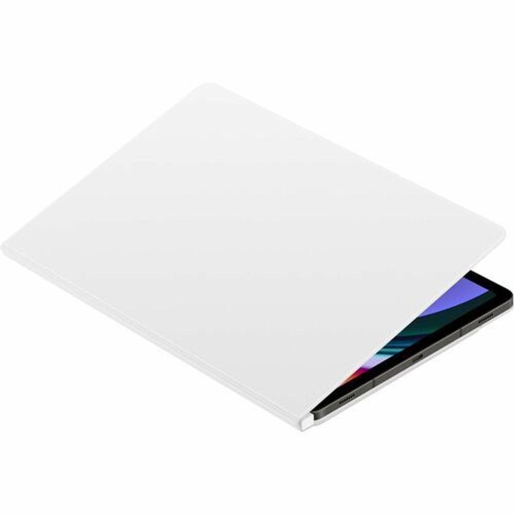 White book-fold tablet case covering the screen, with fold-down front