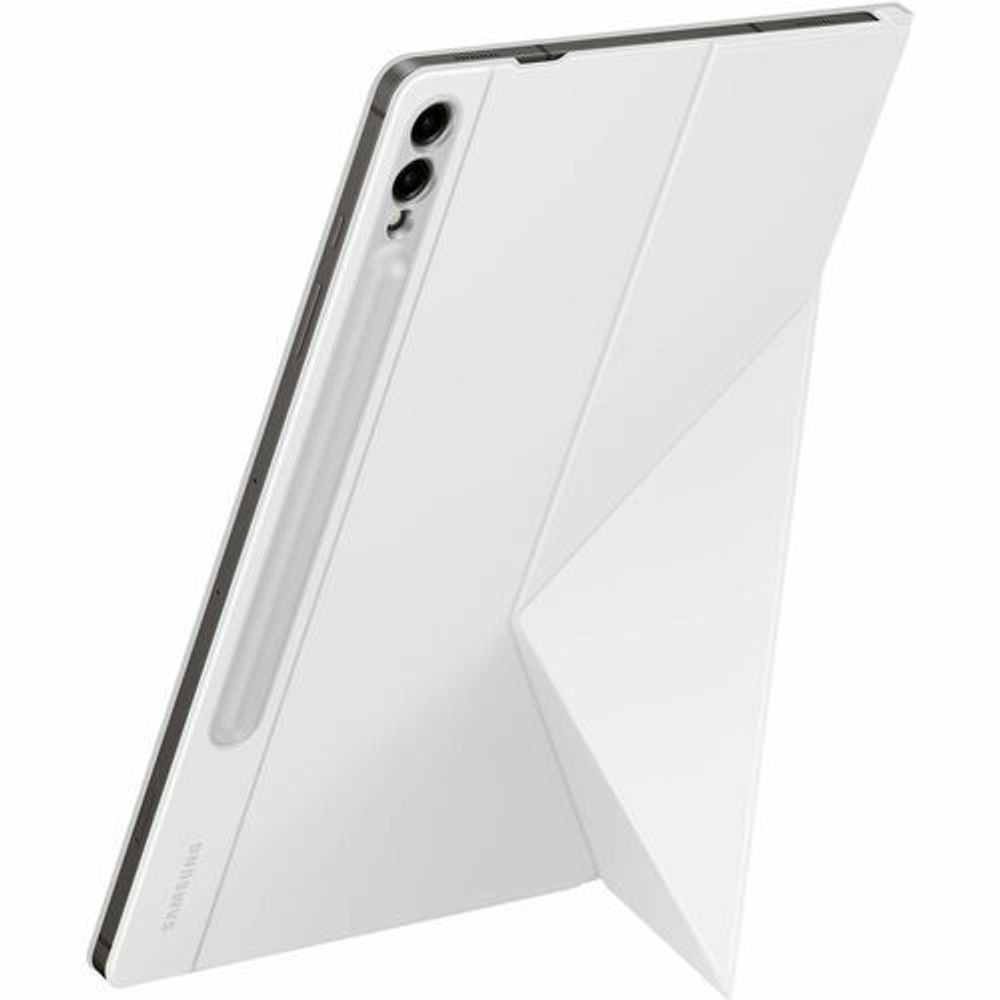 White book-fold tablet case in stand position with angled front panel