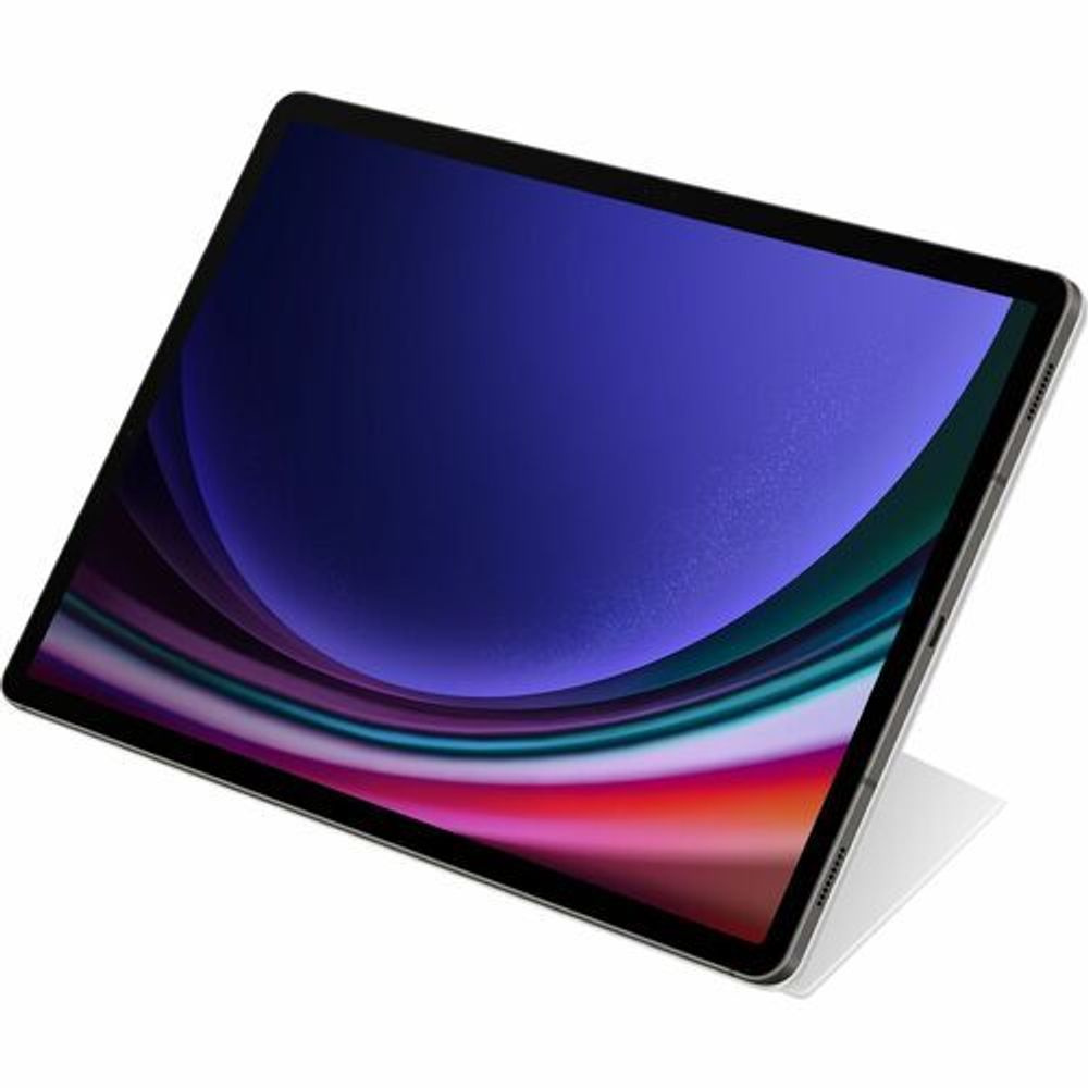 White tablet case with foldable stand supporting tablet display at an angle
