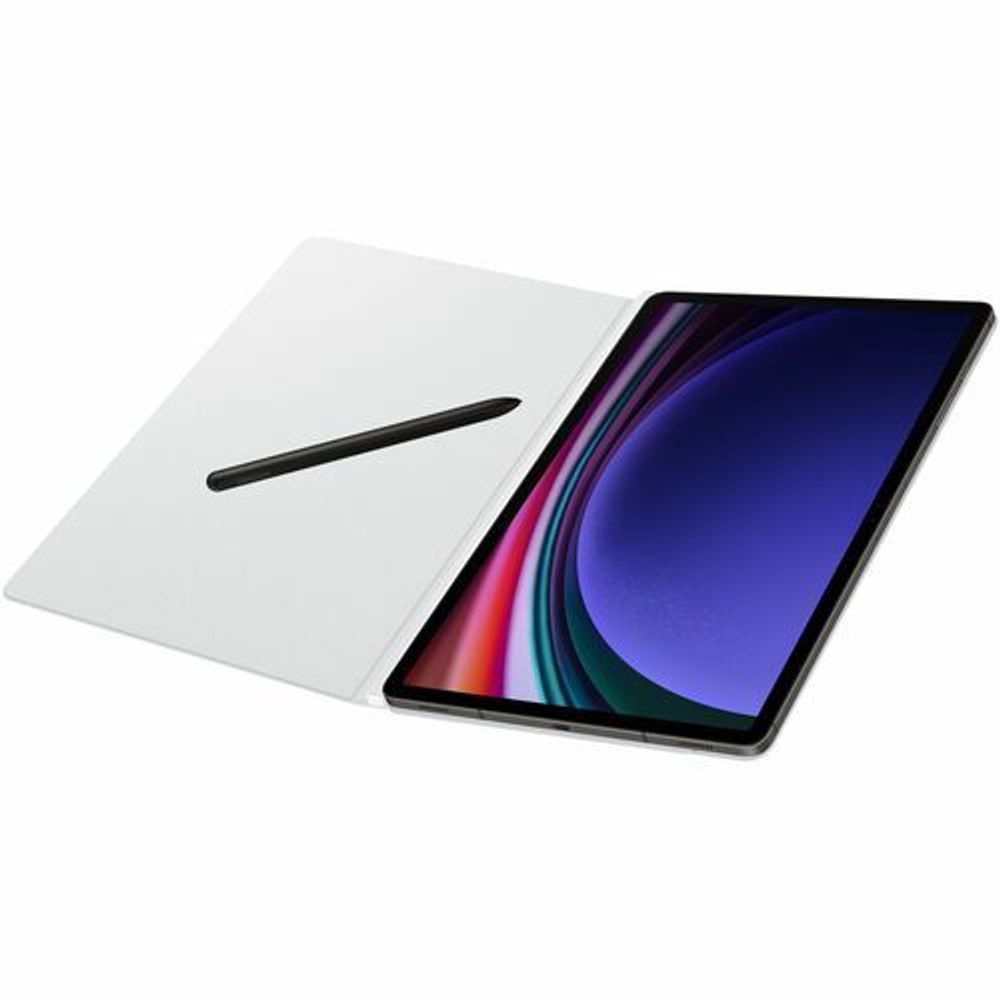 White book-fold carrying case for tablet, open with stylus holder slot