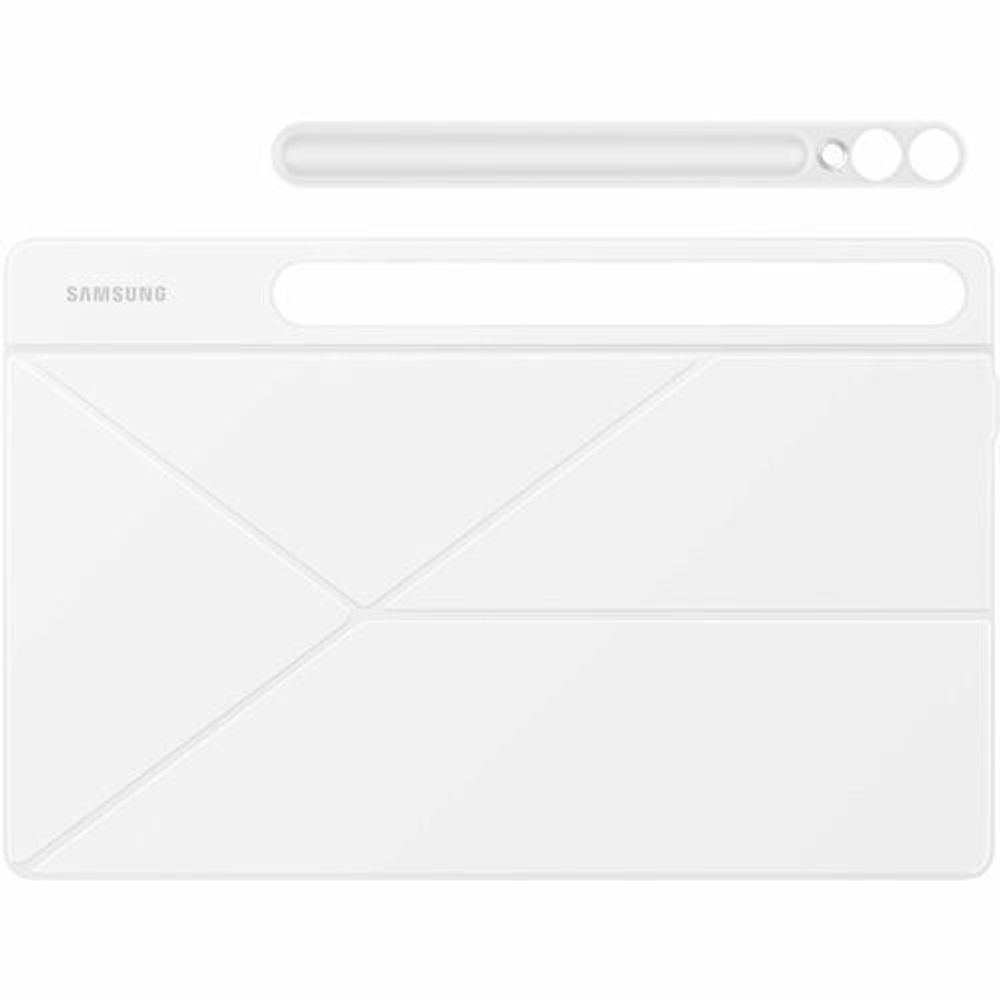 White book-fold tablet cover with diagonal pattern and top button cutouts
