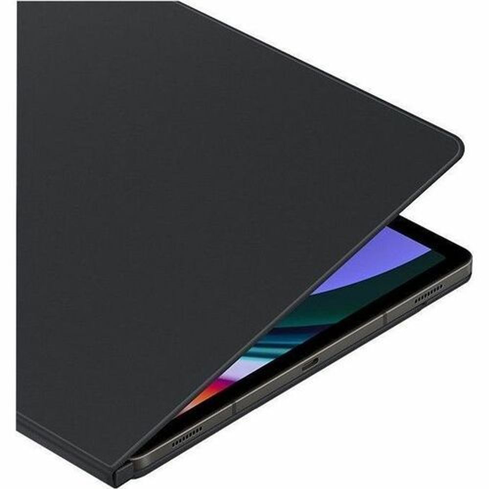 Black folio tablet case angled open, showing side ports and screen protection