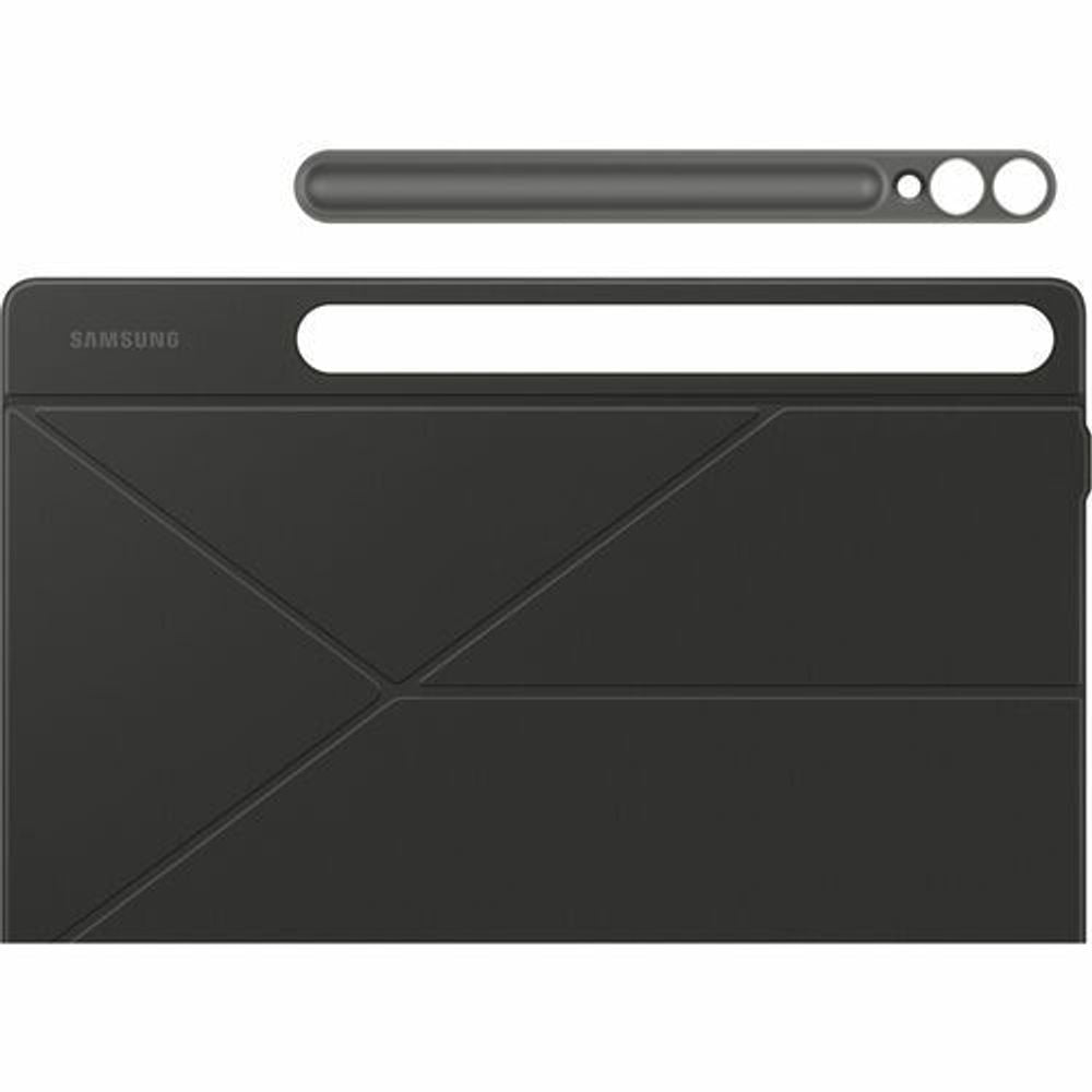 Black folio tablet case close-up with diagonal X design and top camera cutout