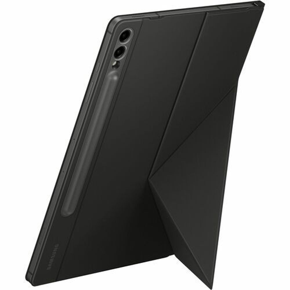 Black book-fold tablet case back with camera cutout and fold panel