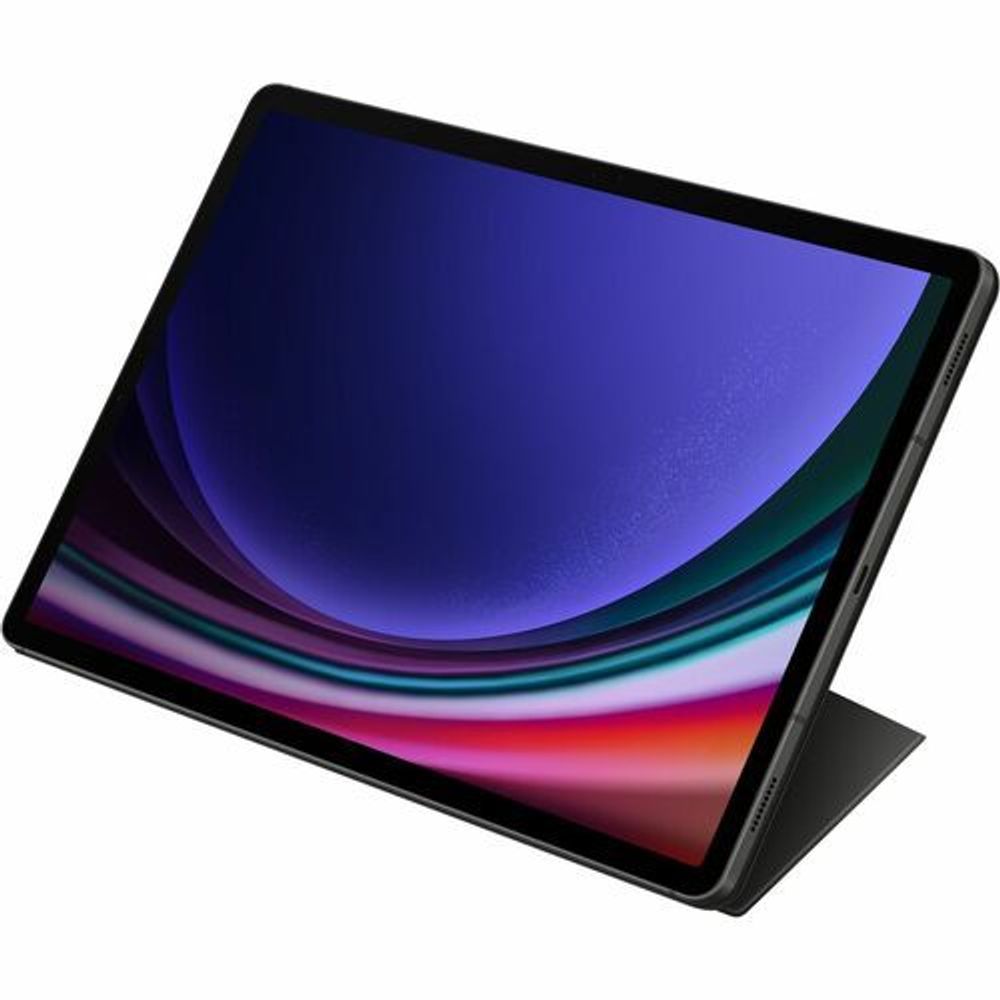 Black folio tablet case with front cover folded back for screen viewing