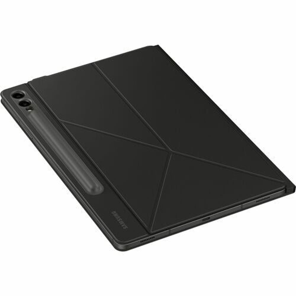 Black book-fold tablet case back with diagonal seam lines
