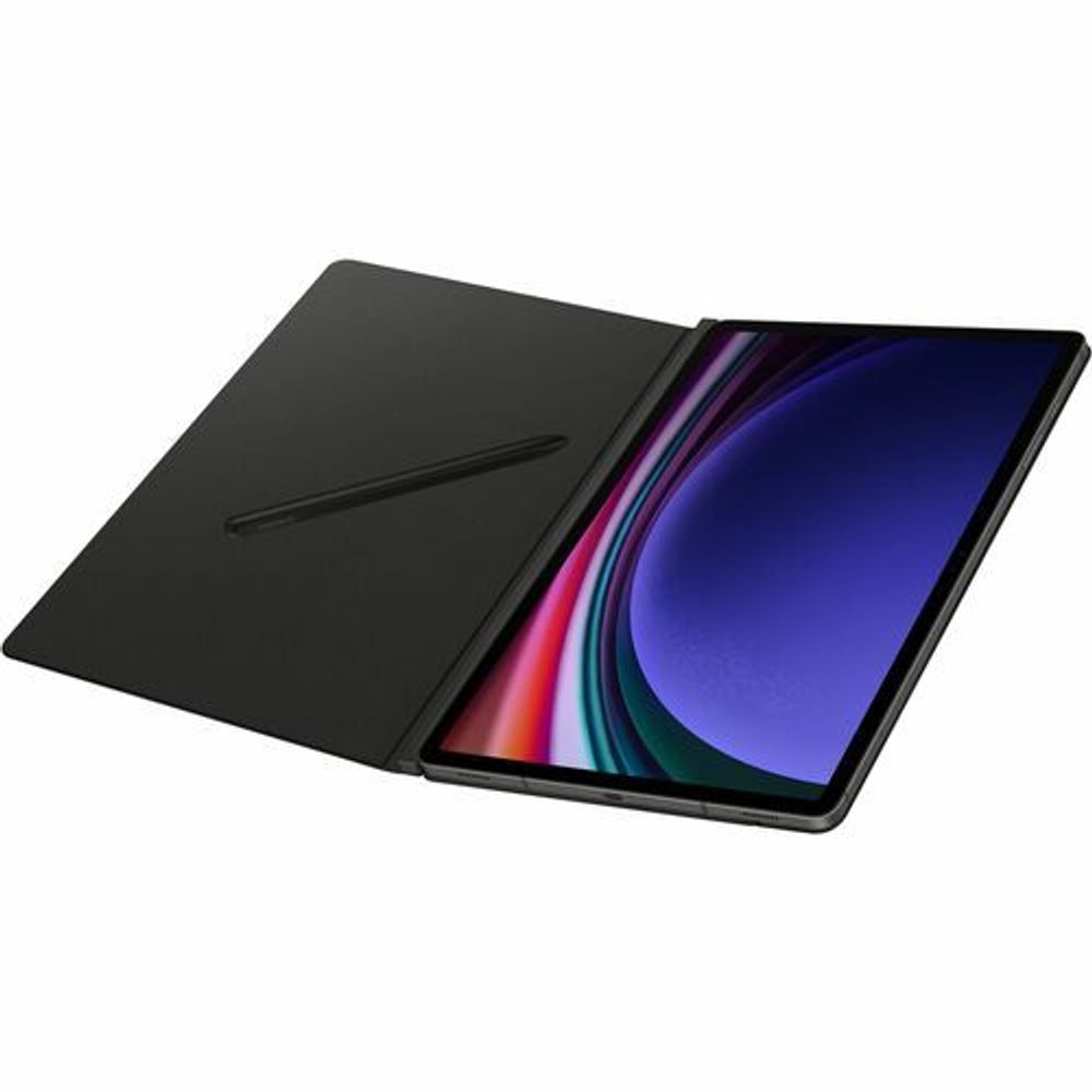 Black book-fold tablet case open as a viewing stand with tablet screen visible