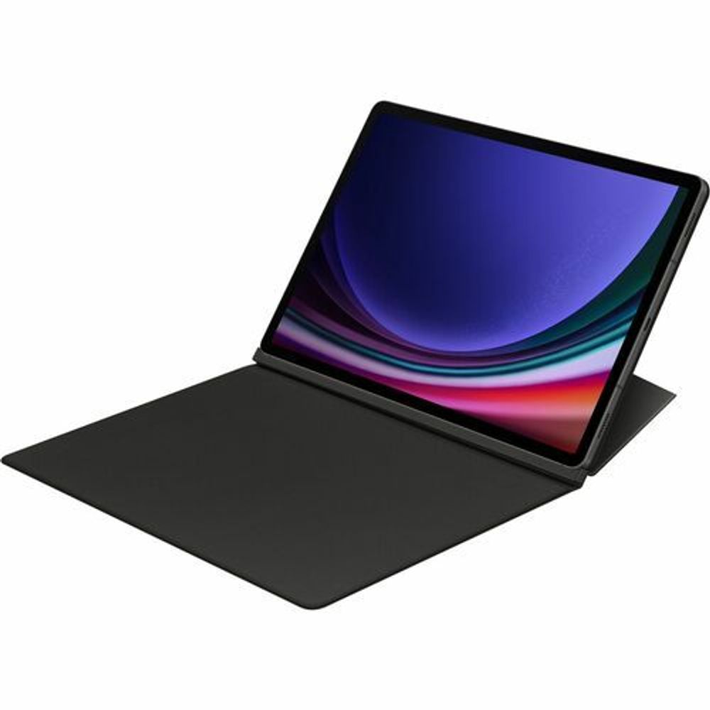 Black smart book tablet case with folio stand, front cover folded back