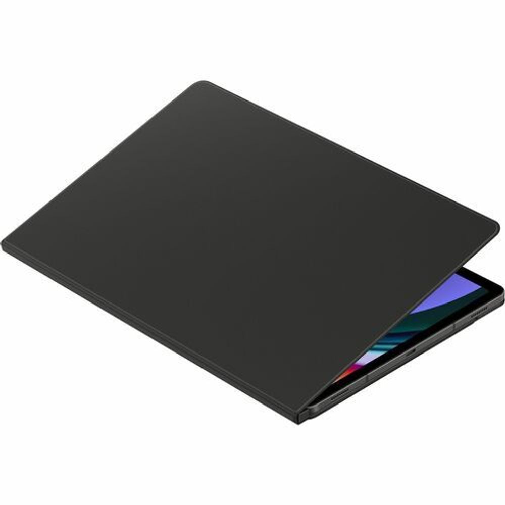 Black book-fold tablet case with screen opening and stand-ready flap