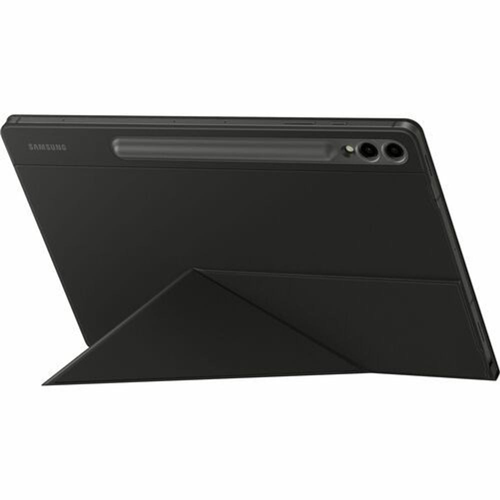 Black tablet case folded into a viewing stand with camera area exposed