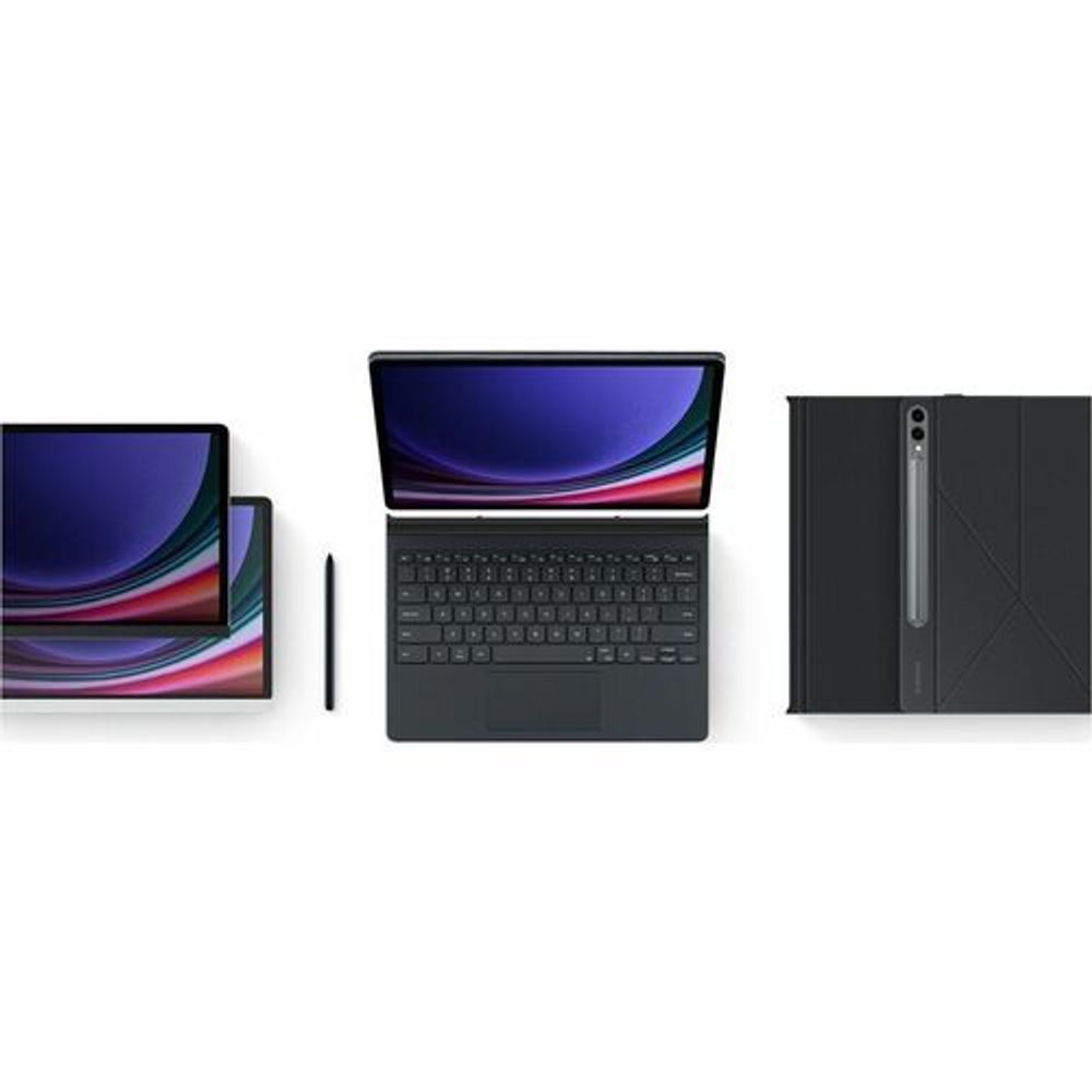Black tablet case shown with keyboard dock and stylus, folio book cover