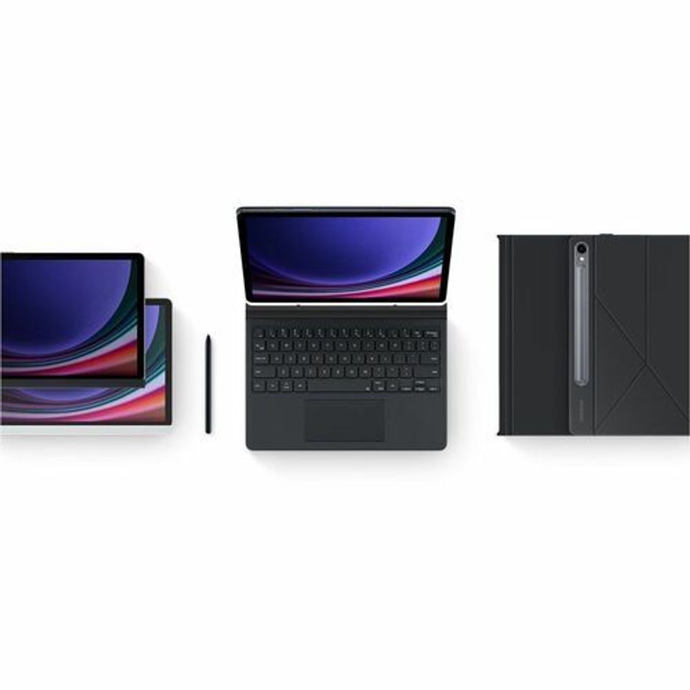 Black book-fold tablet case layout: closed, keyboard view, and back protection.