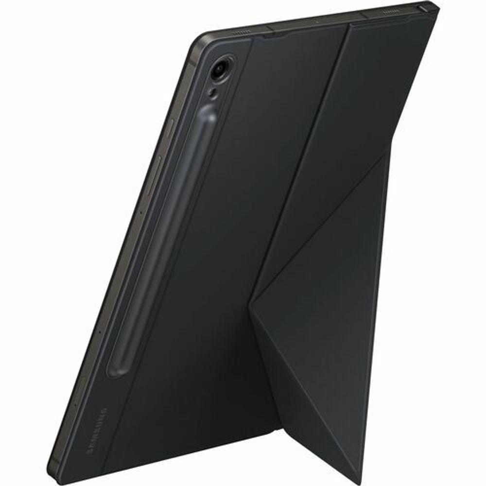 Black book-fold tablet case back view with camera cutout and corner edges.