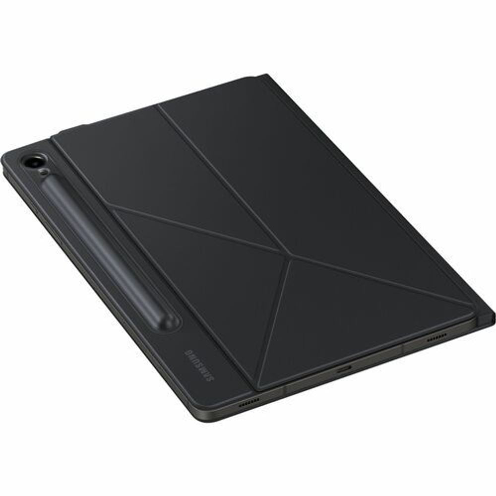 Black book-fold tablet case back with camera cutout and geometric fold lines.