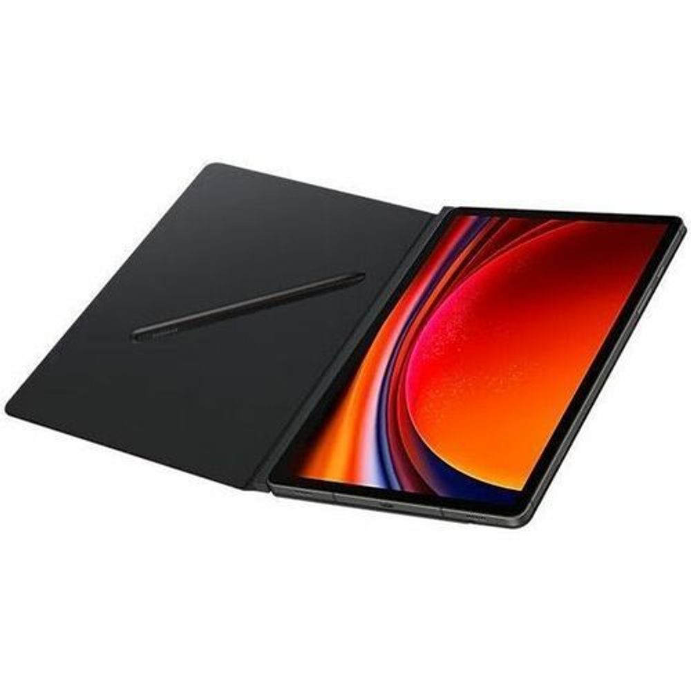 Black book-fold tablet case with front cover folded back for viewing.