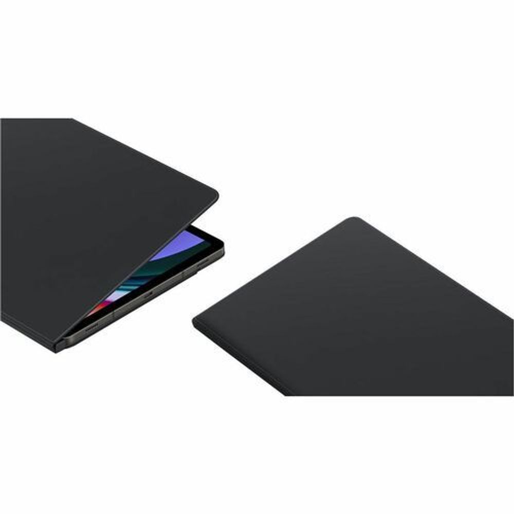 Black tablet case shows back and open cover edge for book-fold protection.