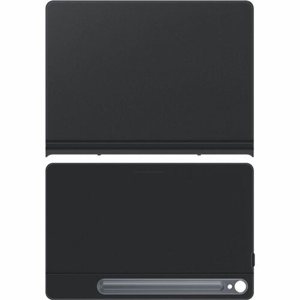 Black book-fold tablet case front with bottom hinge bar and button cutout.
