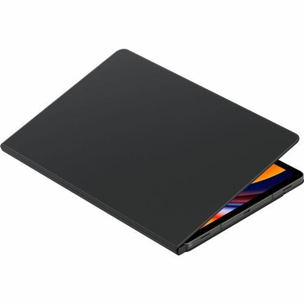 Black book-fold tablet case with flap open, revealing the screen