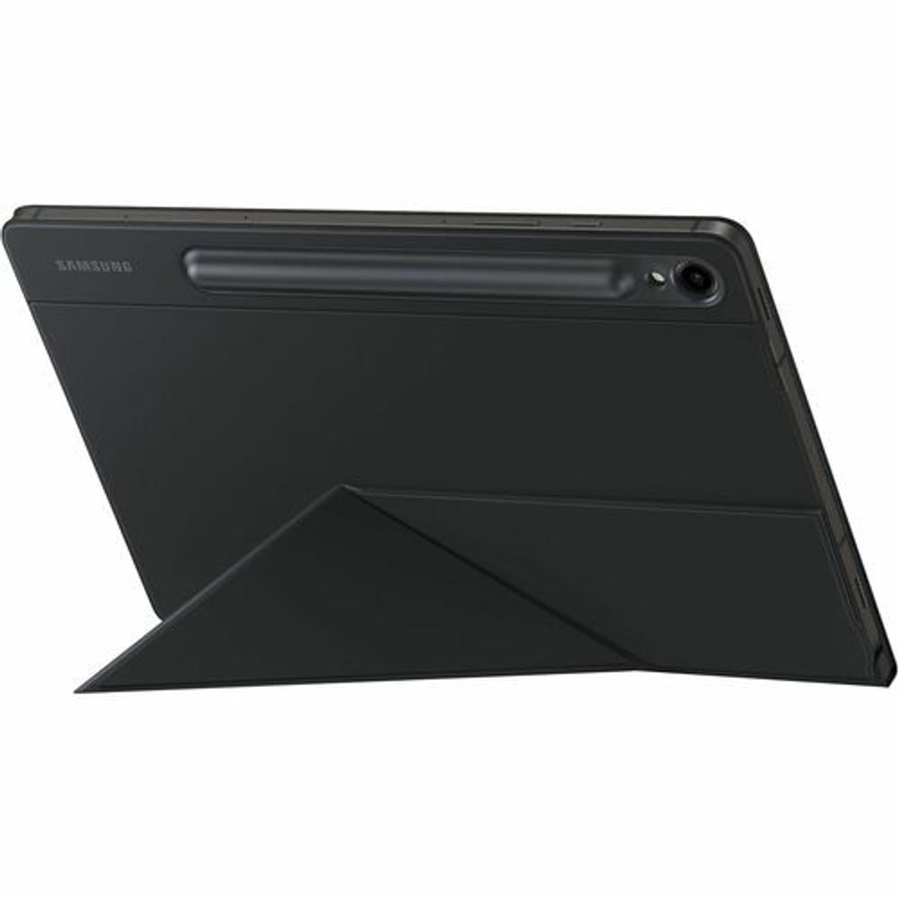 Black book-fold tablet case partially open, showing back and front cover.