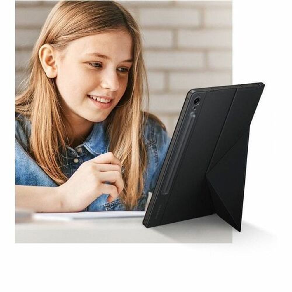 Black book-fold tablet case with stand, holding a Galaxy Tab