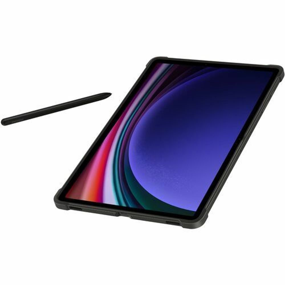 Rugged tablet case cover with display on and stylus beside the device