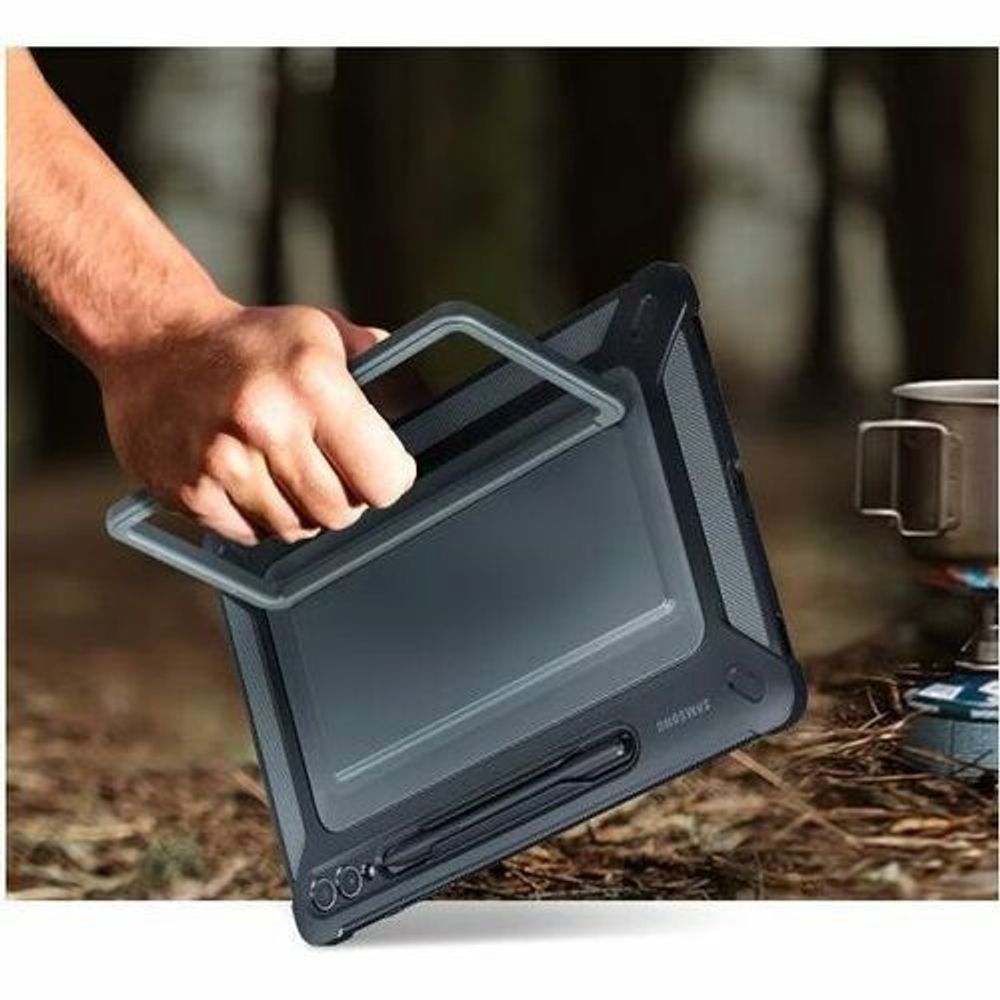 Rugged tablet case cover being held with kickstand open and screen window