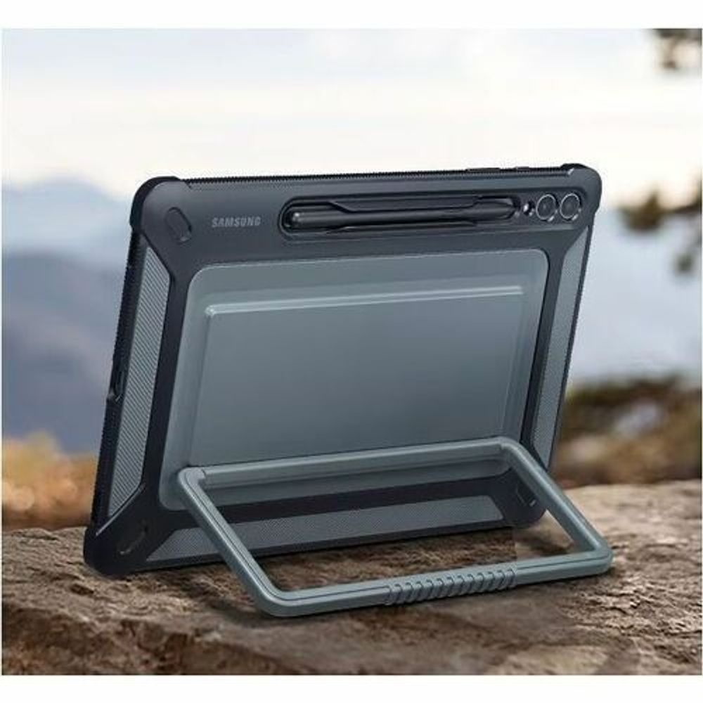 Rugged tablet case cover with kickstand open and transparent viewing window