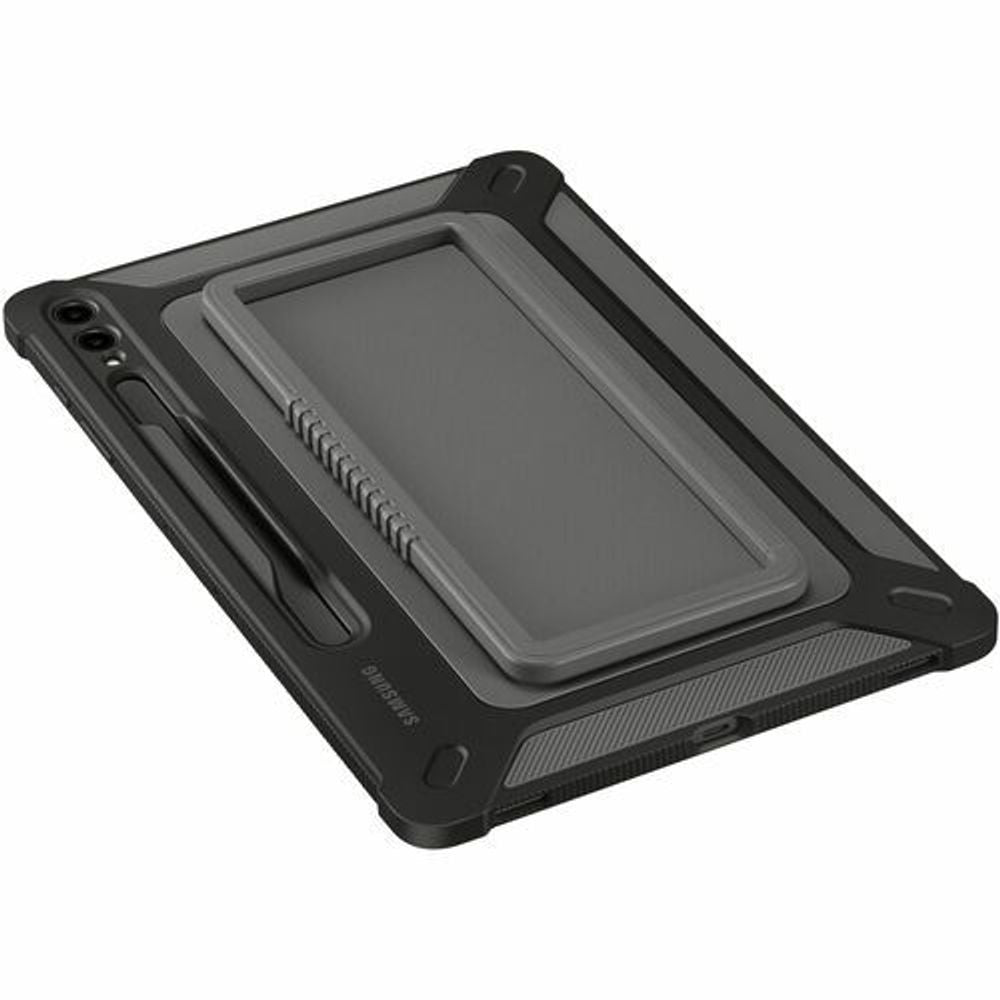 Rugged tablet case back with textured grip and folding kickstand