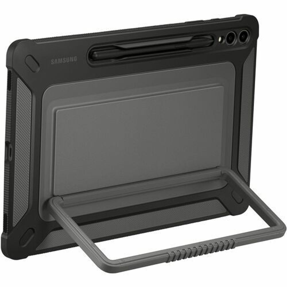 Rugged tablet case cover with kickstand open and transparent front window