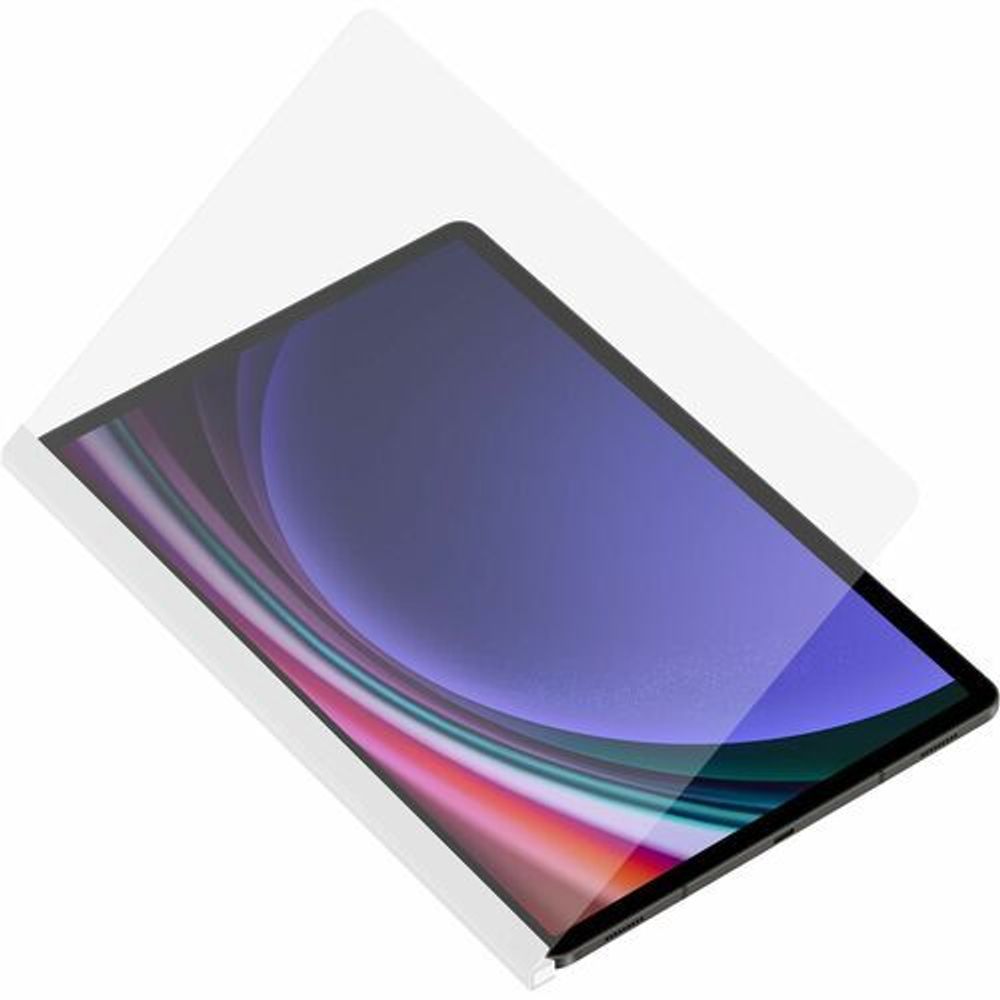 Tablet front with screen protector film, angled view