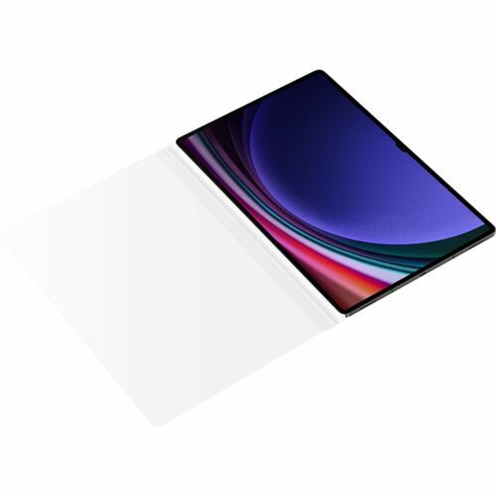 Tablet front angled with colorful abstract display and screen protector