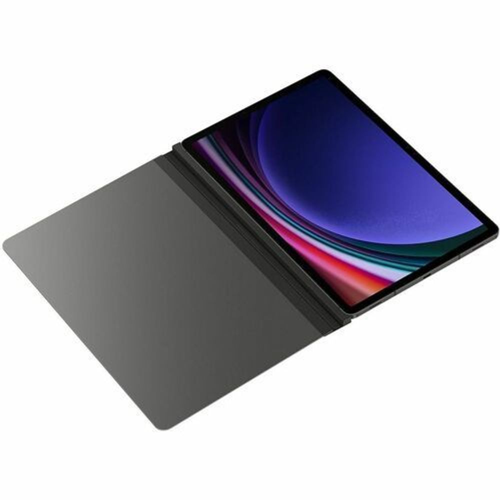Black privacy screen protector installed on tablet, showing a colorful display through film