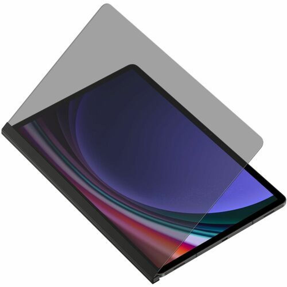 Privacy screen protector fitted on tablet screen, dark edge frame