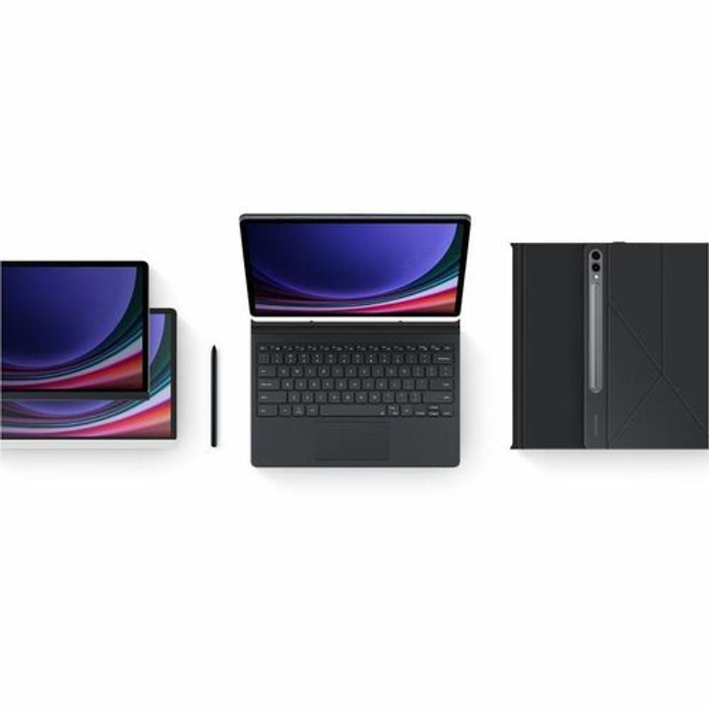 Privacy screen protector shown with tablet front, keyboard, and tablet back